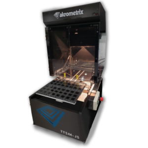 TTSM-JS tabletop Shadow Moiré metrology system with JEDEC tray autoloader and QR/barcode scanning for fast warpage measurement